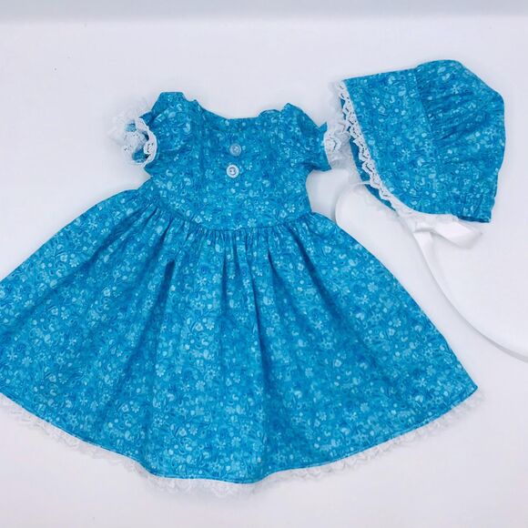 Bright Blue W Lace Pioneer Doll Dress & Bonnet, Handmade Outfit, For 18" Dolls - Picture 2 of 9
